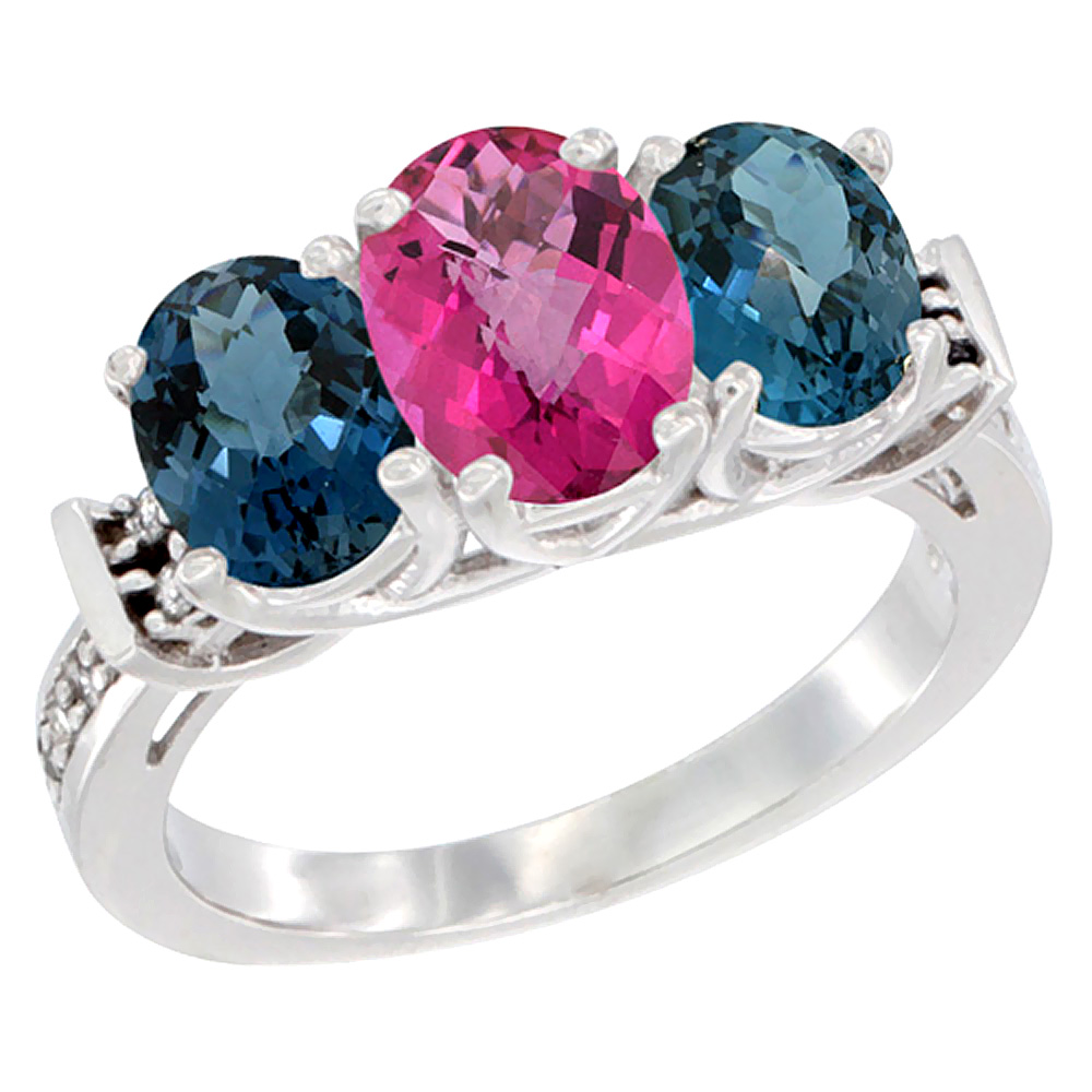 14K White Gold Natural Pink Topaz & London Blue Topaz Sides Ring 3-Stone Oval Diamond Accent, sizes 5 - 10