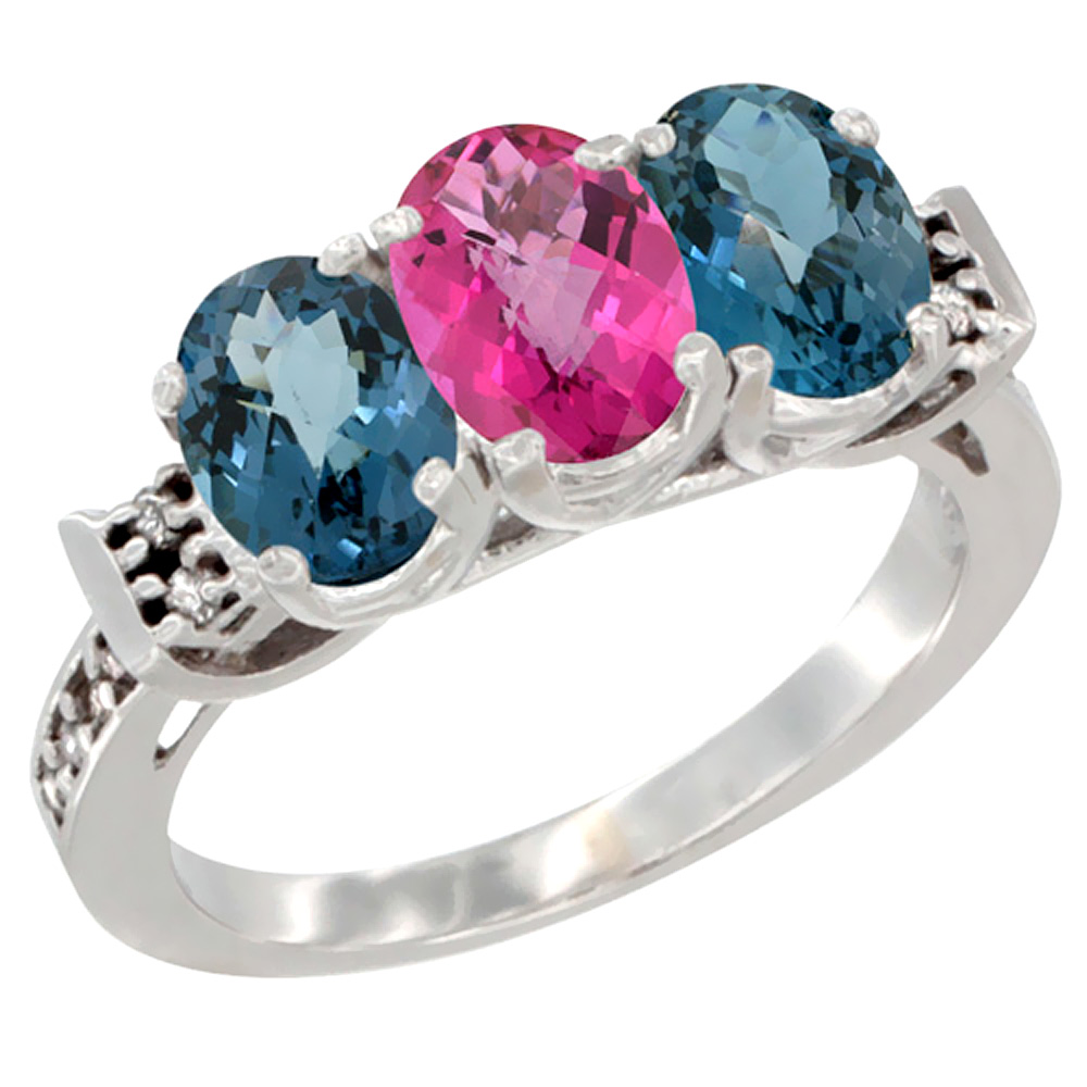 10K White Gold Natural Pink Topaz & London Blue Topaz Sides Ring 3-Stone Oval 7x5 mm Diamond Accent, sizes 5 - 10