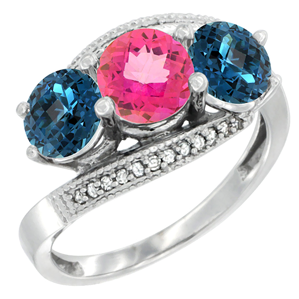 10K White Gold Natural Pink Topaz &amp; London Blue Topaz Sides 3 stone Ring Round 6mm Diamond Accent, sizes 5 - 10