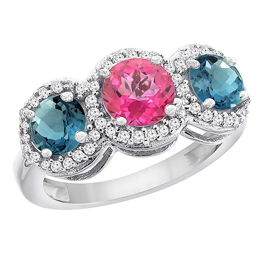 14K White Gold Natural Pink Topaz & London Blue Topaz Sides Round 3-stone Ring Diamond Accents, sizes 5 - 10