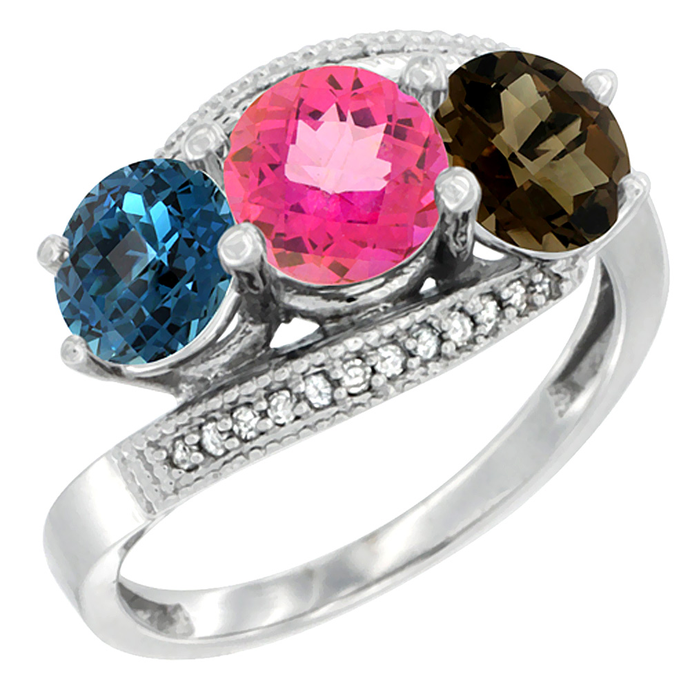 10K White Gold Natural London Blue Topaz, Pink &amp; Smoky Topaz 3 stone Ring Round 6mm Diamond Accent, sizes 5 - 10