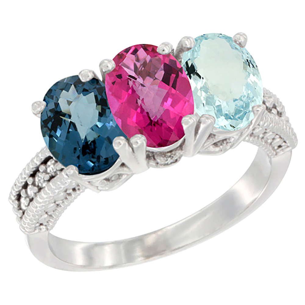 14K White Gold Natural London Blue Topaz, Pink Topaz & Aquamarine Ring 3-Stone 7x5 mm Oval Diamond Accent, sizes 5 - 10