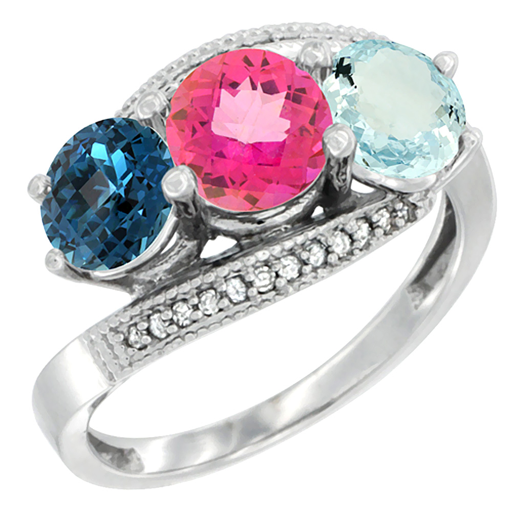 10K White Gold Natural London Blue Topaz, Pink Topaz &amp; Aquamarine 3 stone Ring Round 6mm Diamond Accent, sizes 5 - 10
