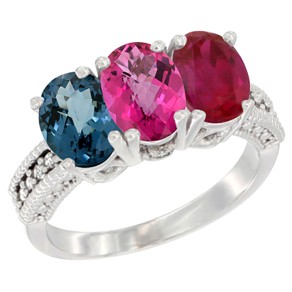 10K White Gold Natural London Blue Topaz, Pink Topaz &amp; Ruby Ring 3-Stone Oval 7x5 mm Diamond Accent, sizes 5 - 10