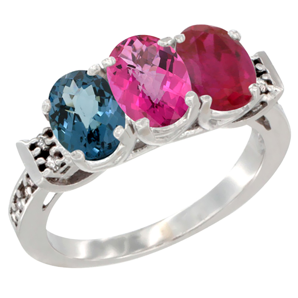 10K White Gold Natural London Blue Topaz, Pink Topaz & Enhanced Ruby Ring 3-Stone Oval 7x5 mm Diamond Accent, sizes 5 - 10