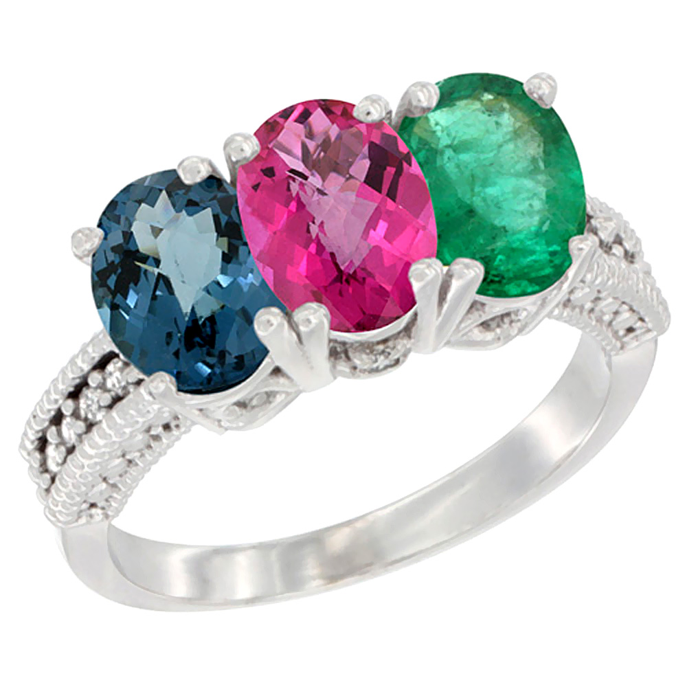 10K White Gold Natural London Blue Topaz, Pink Topaz & Emerald Ring 3-Stone Oval 7x5 mm Diamond Accent, sizes 5 - 10