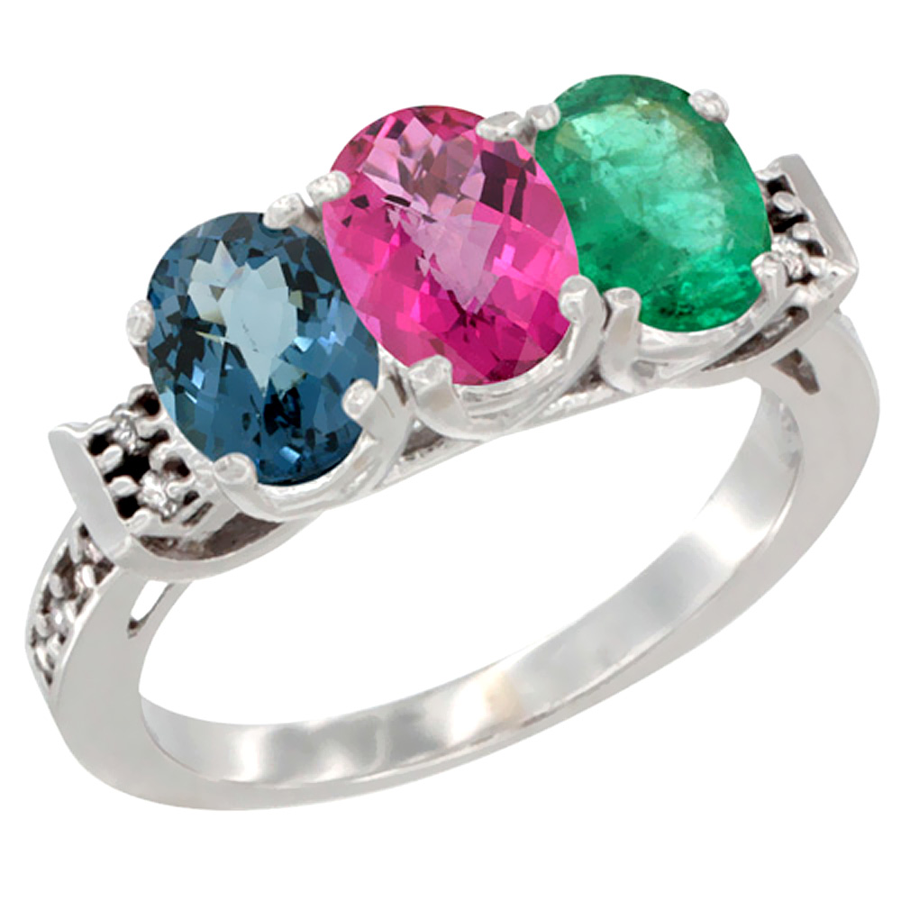14K White Gold Natural London Blue Topaz, Pink Topaz & Emerald Ring 3-Stone 7x5 mm Oval Diamond Accent, sizes 5 - 10