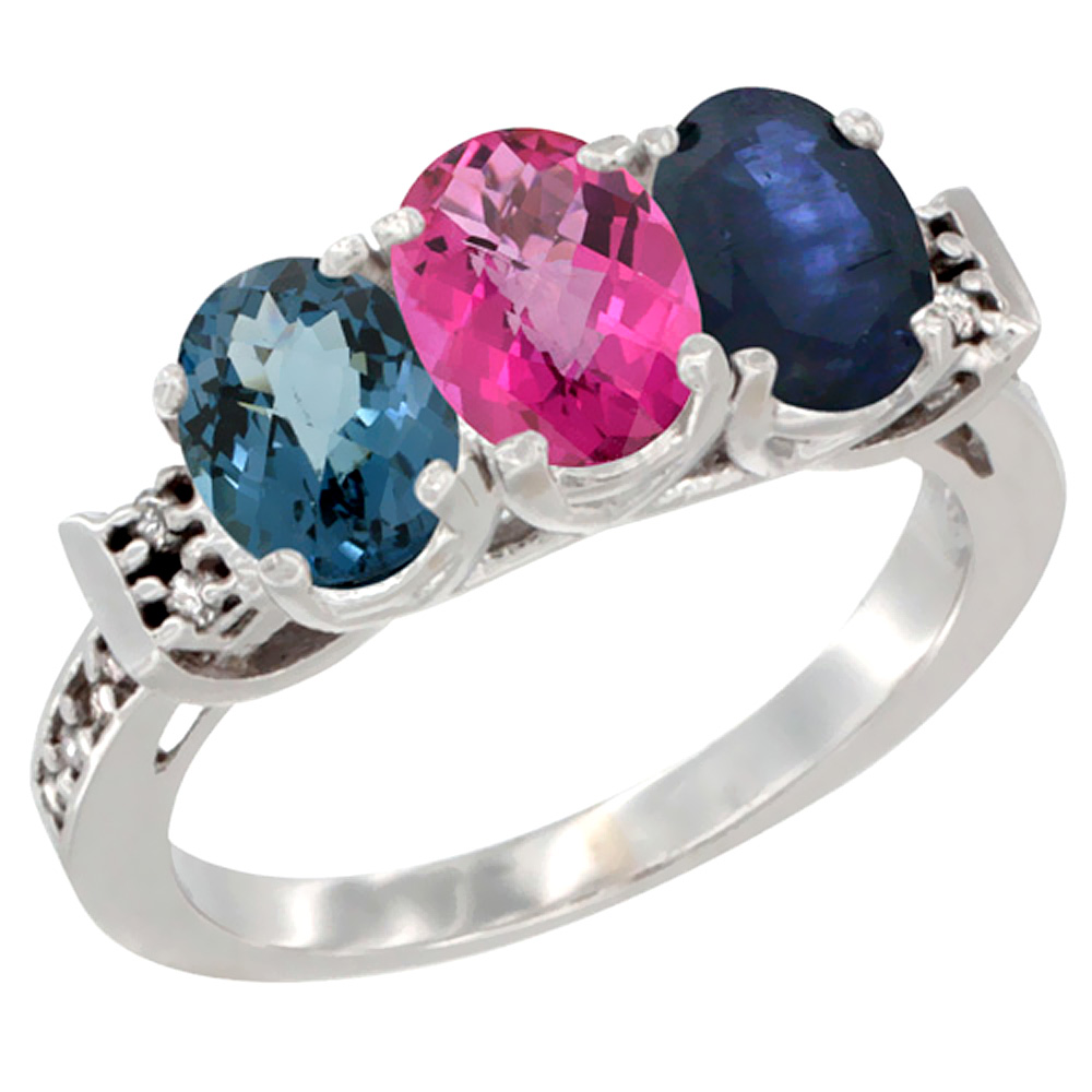 10K White Gold Natural London Blue Topaz, Pink Topaz & Blue Sapphire Ring 3-Stone Oval 7x5 mm Diamond Accent, sizes 5 - 10