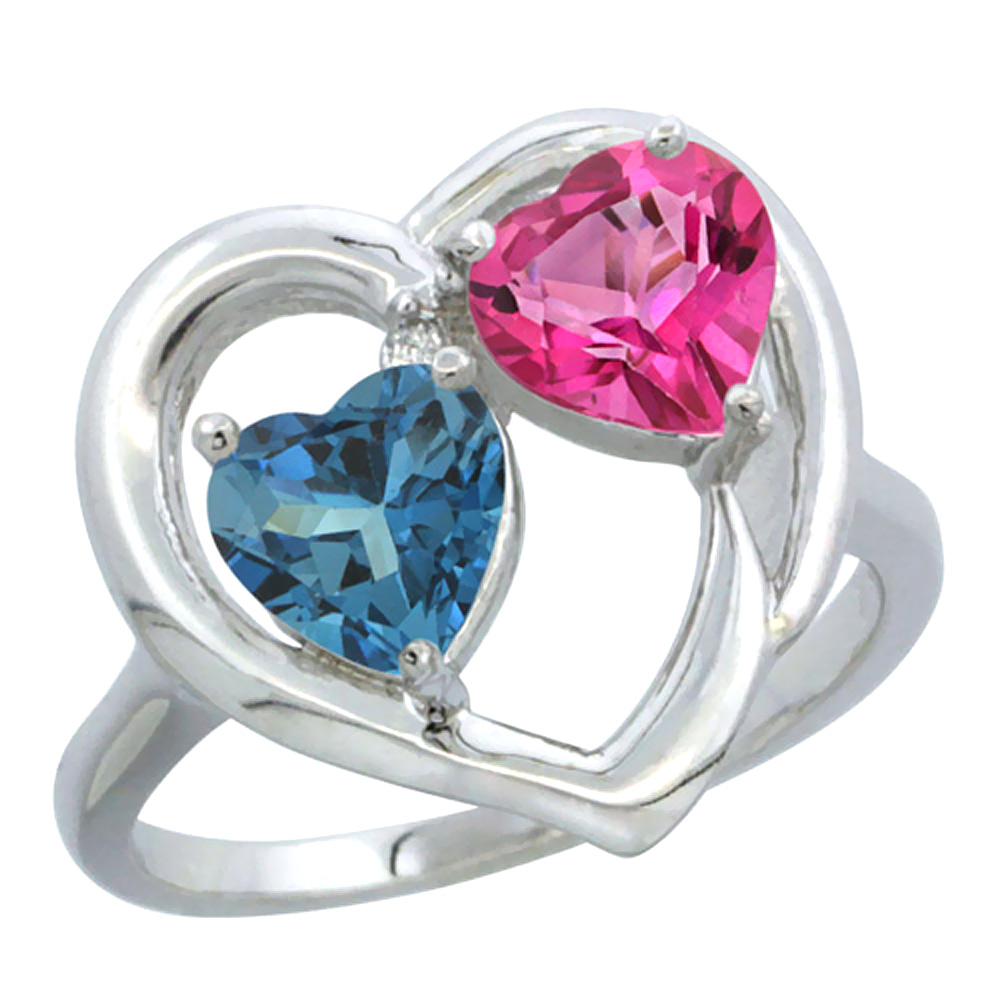 14K White Gold Diamond Two-stone Heart Ring 6mm Natural London Blue Topaz &amp; Pink Topaz, sizes 5-10