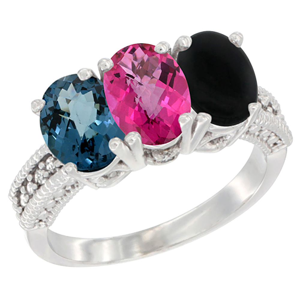 14K White Gold Natural London Blue Topaz, Pink Topaz & Black Onyx Ring 3-Stone 7x5 mm Oval Diamond Accent, sizes 5 - 10