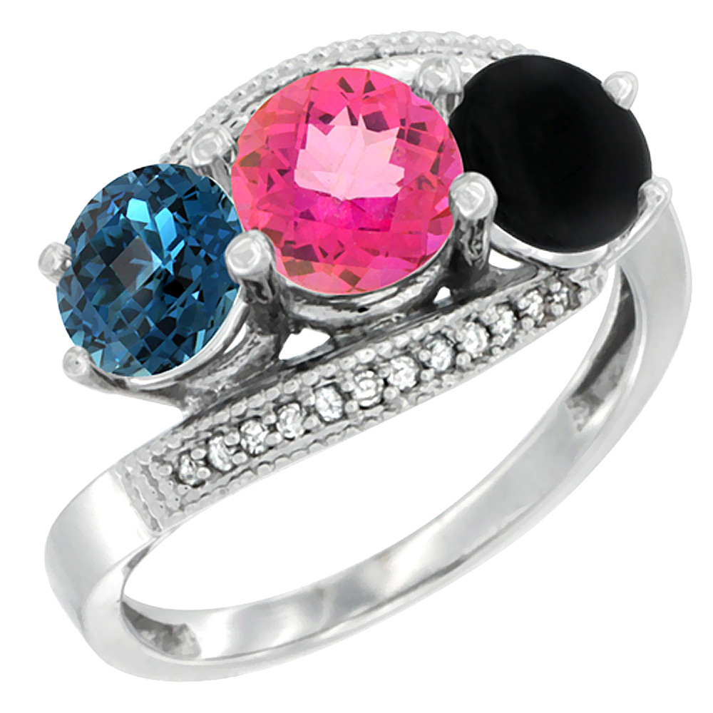 10K White Gold Natural London Blue Topaz, Pink Topaz & Black Onyx 3 stone Ring Round 6mm Diamond Accent, sizes 5 - 10