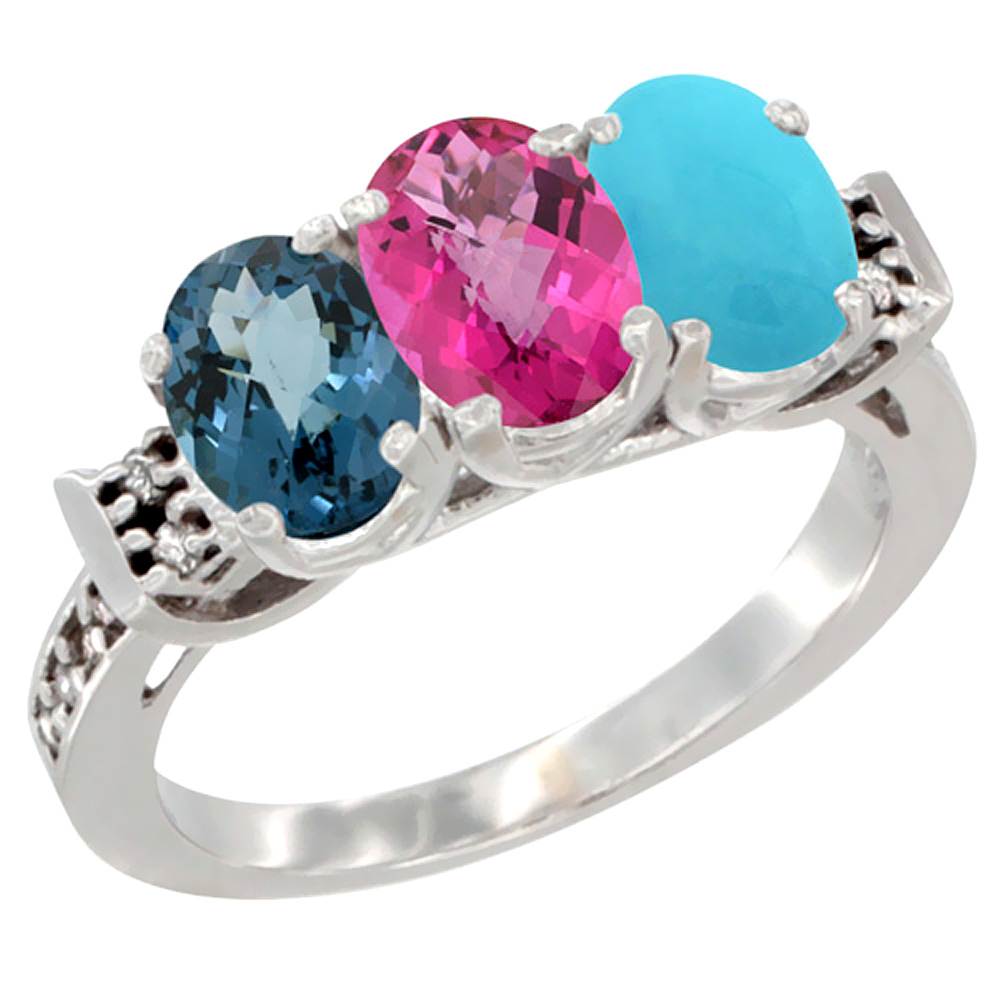 14K White Gold Natural London Blue Topaz, Pink Topaz & Turquoise Ring 3-Stone 7x5 mm Oval Diamond Accent, sizes 5 - 10