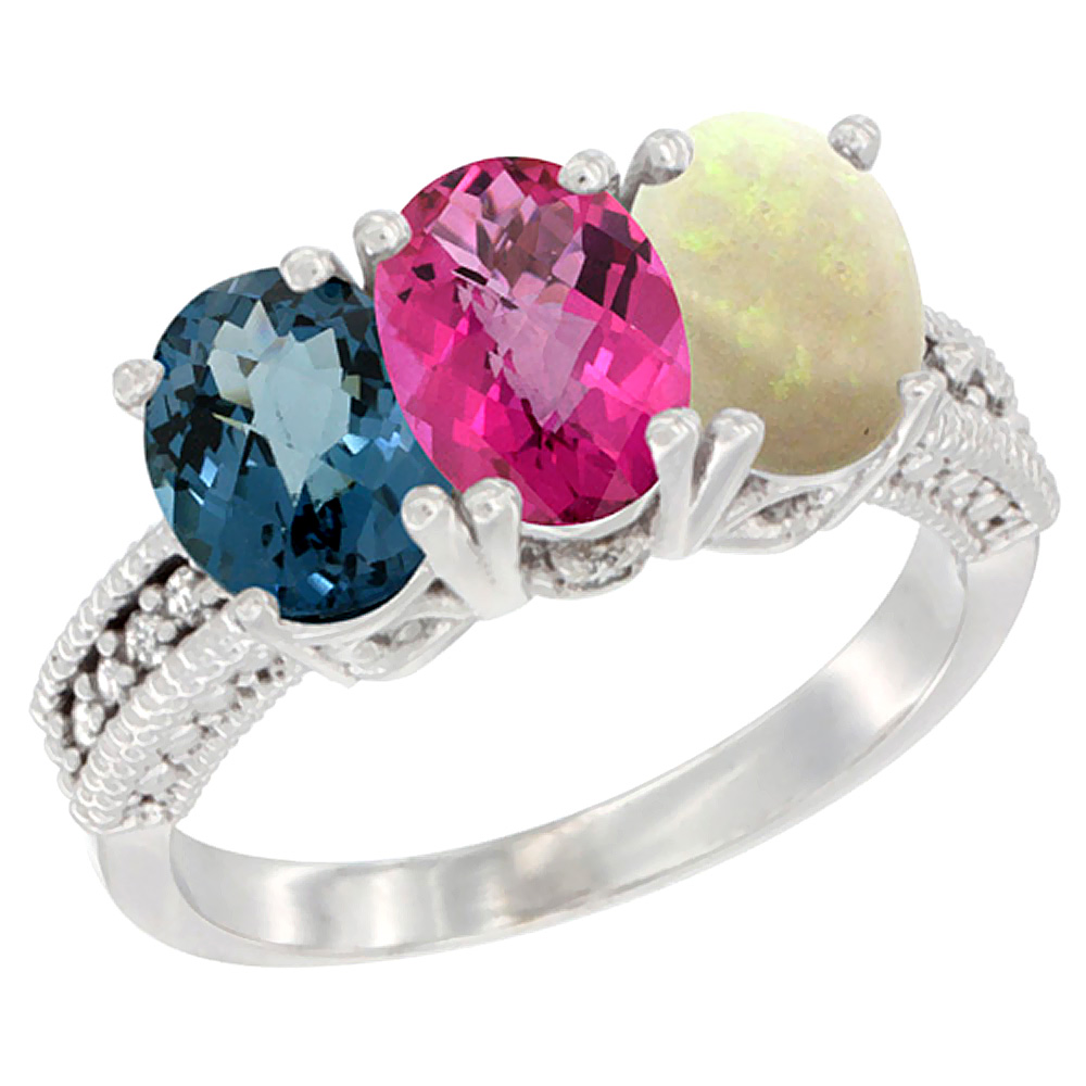 10K White Gold Natural London Blue Topaz, Pink Topaz &amp; Opal Ring 3-Stone Oval 7x5 mm Diamond Accent, sizes 5 - 10