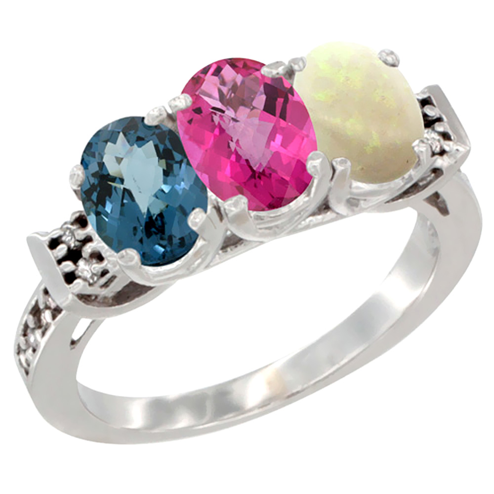 14K White Gold Natural London Blue Topaz, Pink Topaz &amp; Opal Ring 3-Stone 7x5 mm Oval Diamond Accent, sizes 5 - 10