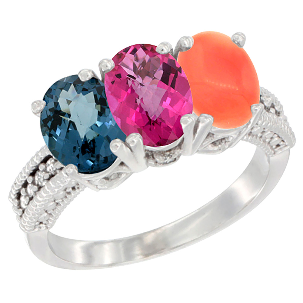 10K White Gold Natural London Blue Topaz, Pink Topaz &amp; Coral Ring 3-Stone Oval 7x5 mm Diamond Accent, sizes 5 - 10