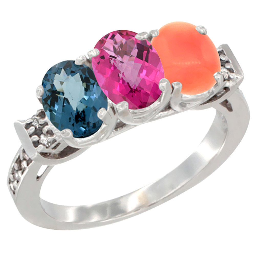 10K White Gold Natural London Blue Topaz, Pink Topaz & Coral Ring 3-Stone Oval 7x5 mm Diamond Accent, sizes 5 - 10