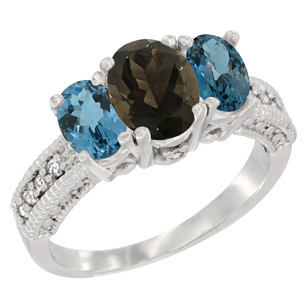 14K White Gold Diamond Natural Smoky Topaz Ring Oval 3-stone with London Blue Topaz, sizes 5 - 10