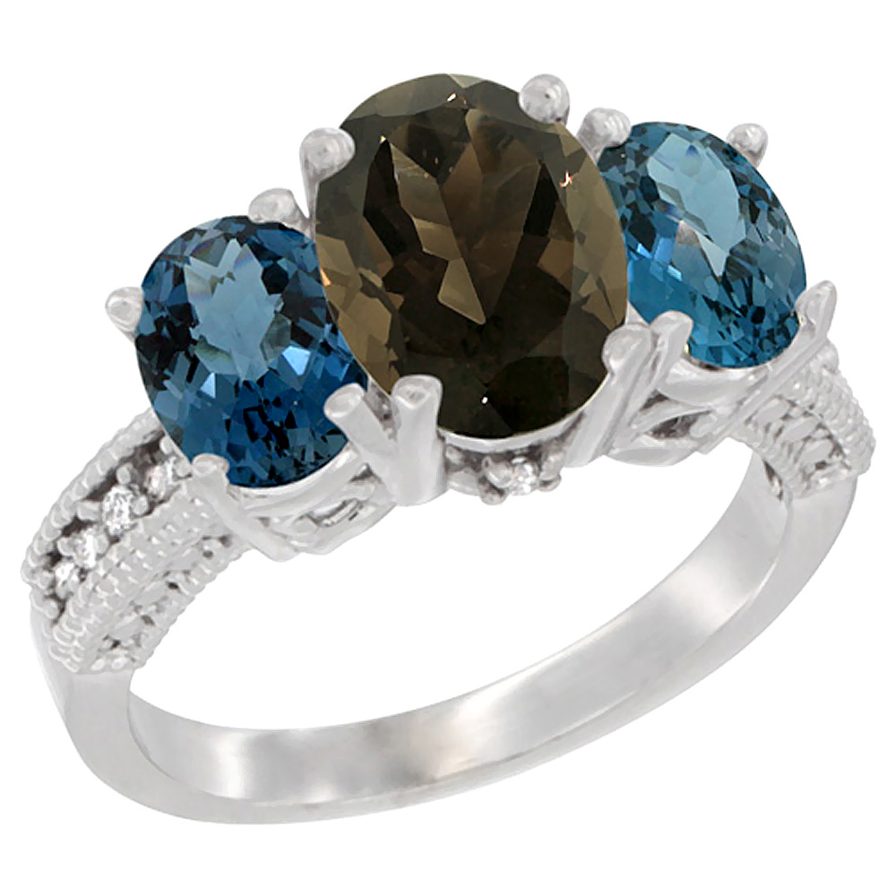 14K White Gold Diamond Natural Smoky Topaz Ring 3-Stone Oval 8x6mm with London Blue Topaz, sizes5-10