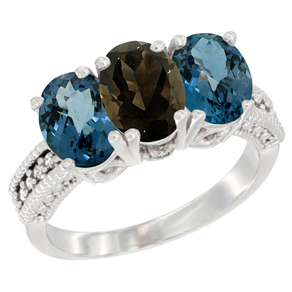 10K White Gold Natural Smoky Topaz & London Blue Topaz Sides Ring 3-Stone Oval 7x5 mm Diamond Accent, sizes 5 - 10