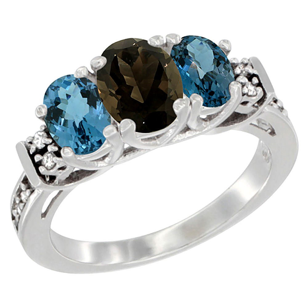 14K White Gold Natural Smoky Topaz & London Blue Ring 3-Stone Oval Diamond Accent, sizes 5-10