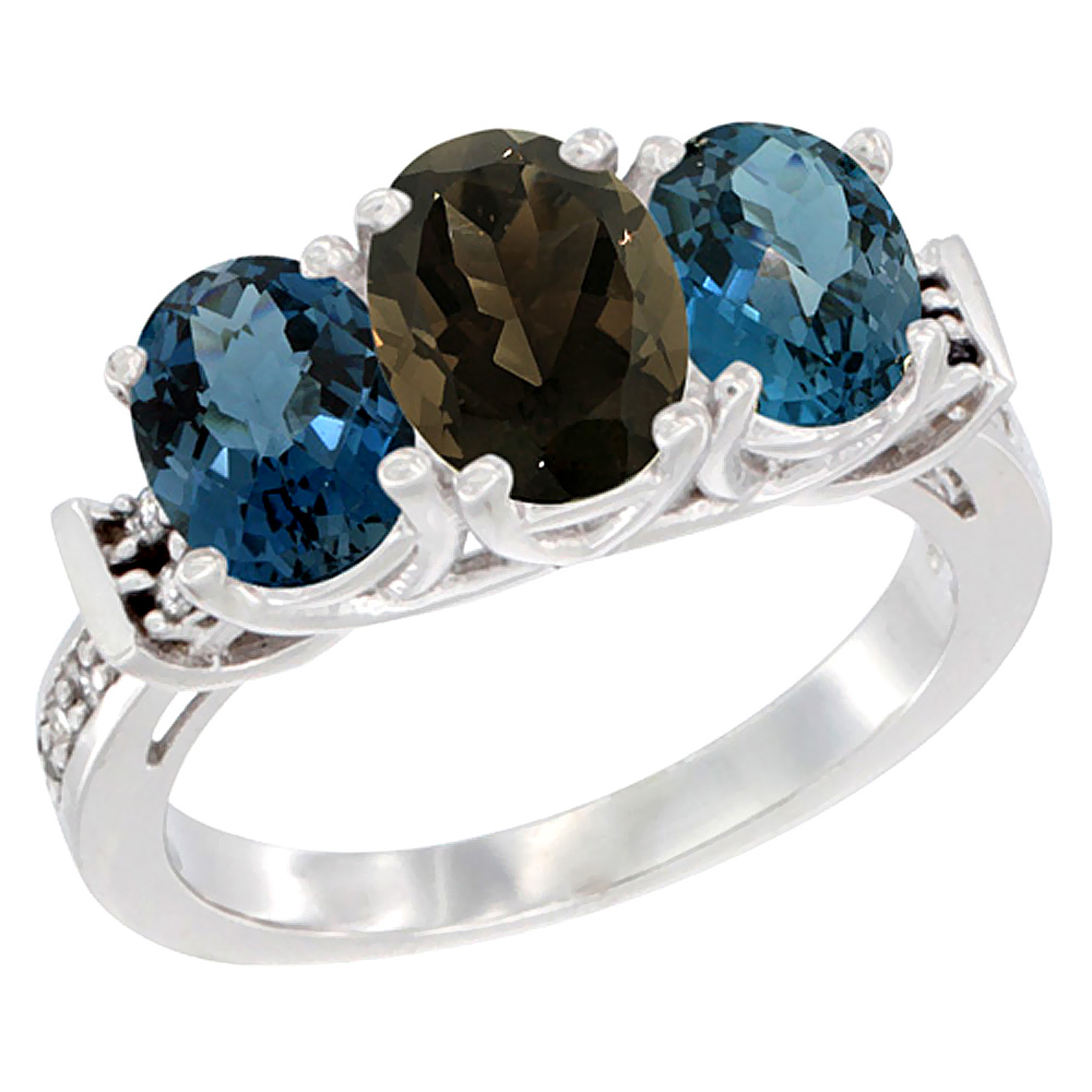 14K White Gold Natural Smoky Topaz & London Blue Topaz Sides Ring 3-Stone Oval Diamond Accent, sizes 5 - 10