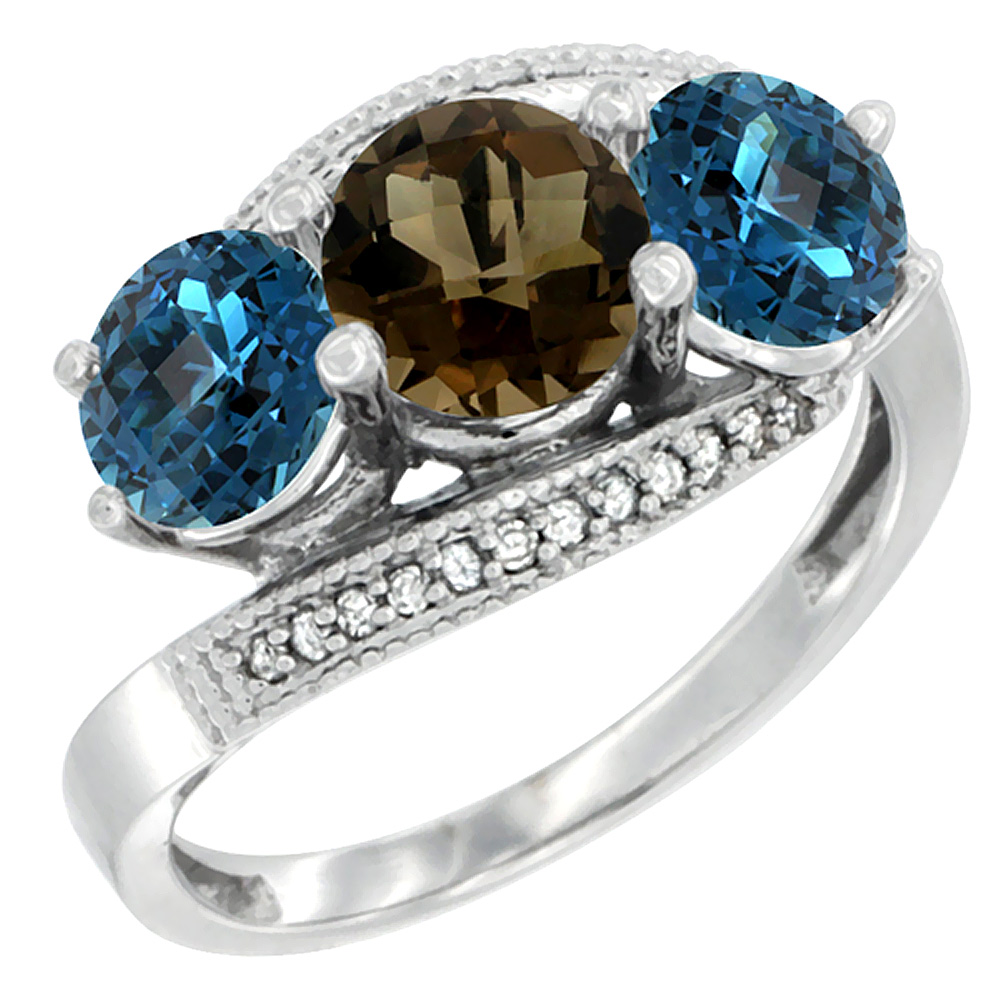 10K White Gold Natural Smoky Topaz &amp; London Blue Topaz Sides 3 stone Ring Round 6mm Diamond Accent, sizes 5 - 10