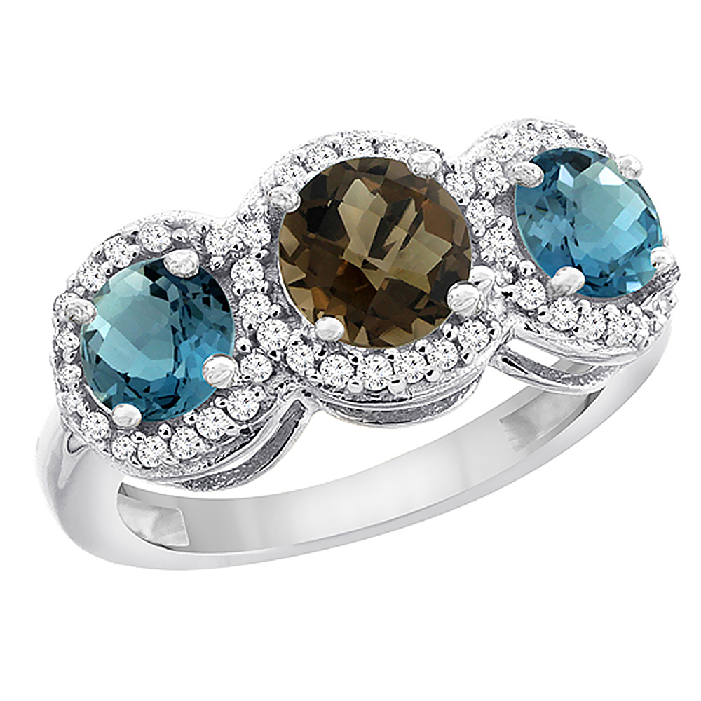 14K White Gold Natural Smoky Topaz &amp; London Blue Topaz Sides Round 3-stone Ring Diamond Accents, sizes 5 - 10