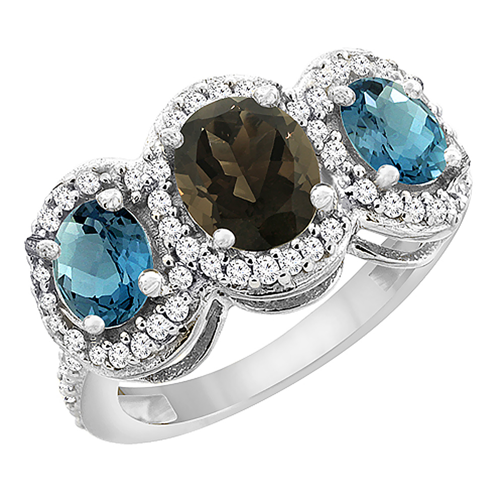 14K White Gold Natural Smoky Topaz & London Blue Topaz 3-Stone Ring Oval Diamond Accent, sizes 5 - 10