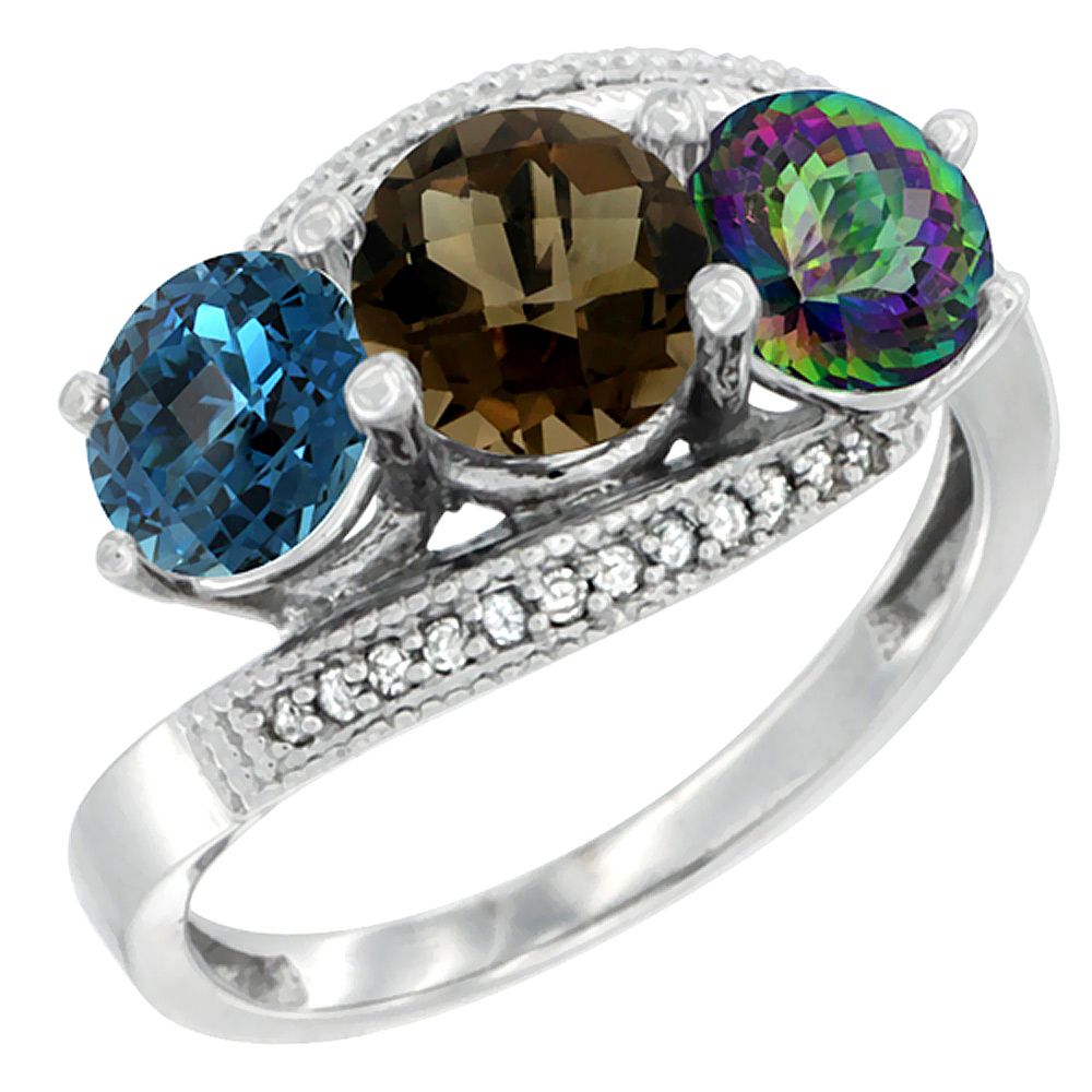 10K White Gold Natural London Blue Topaz, Smoky &amp; Mystic Topaz 3 stone Ring Round 6mm Diamond Accent, sizes 5 - 10