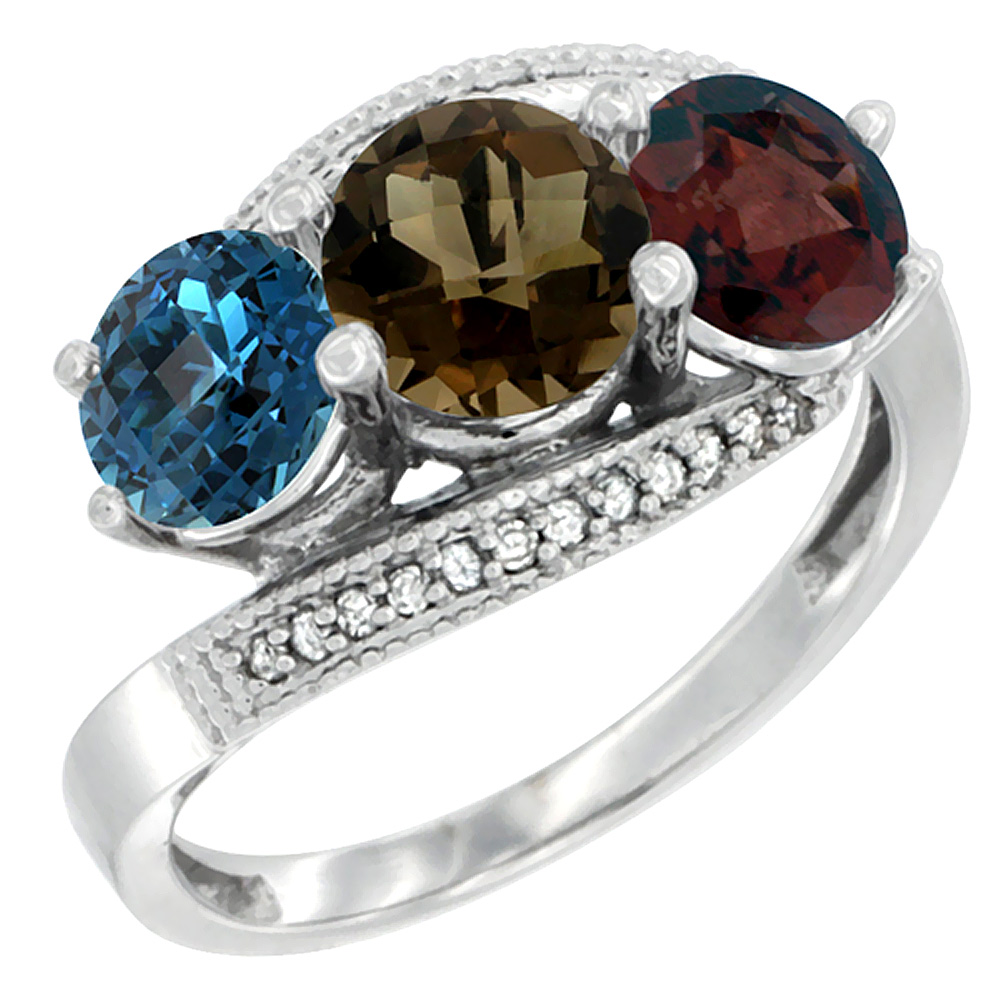 10K White Gold Natural London Blue Topaz, Smoky Topaz &amp; Garnet 3 stone Ring Round 6mm Diamond Accent, sizes 5 - 10