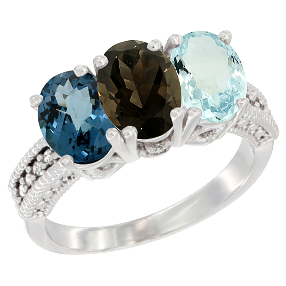 14K White Gold Natural London Blue Topaz, Smoky Topaz &amp; Aquamarine Ring 3-Stone 7x5 mm Oval Diamond Accent, sizes 5 - 10
