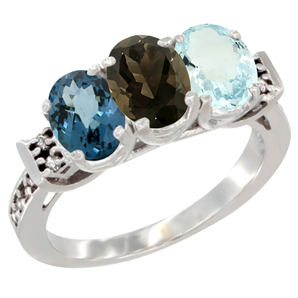 14K White Gold Natural London Blue Topaz, Smoky Topaz & Aquamarine Ring 3-Stone 7x5 mm Oval Diamond Accent, sizes 5 - 10