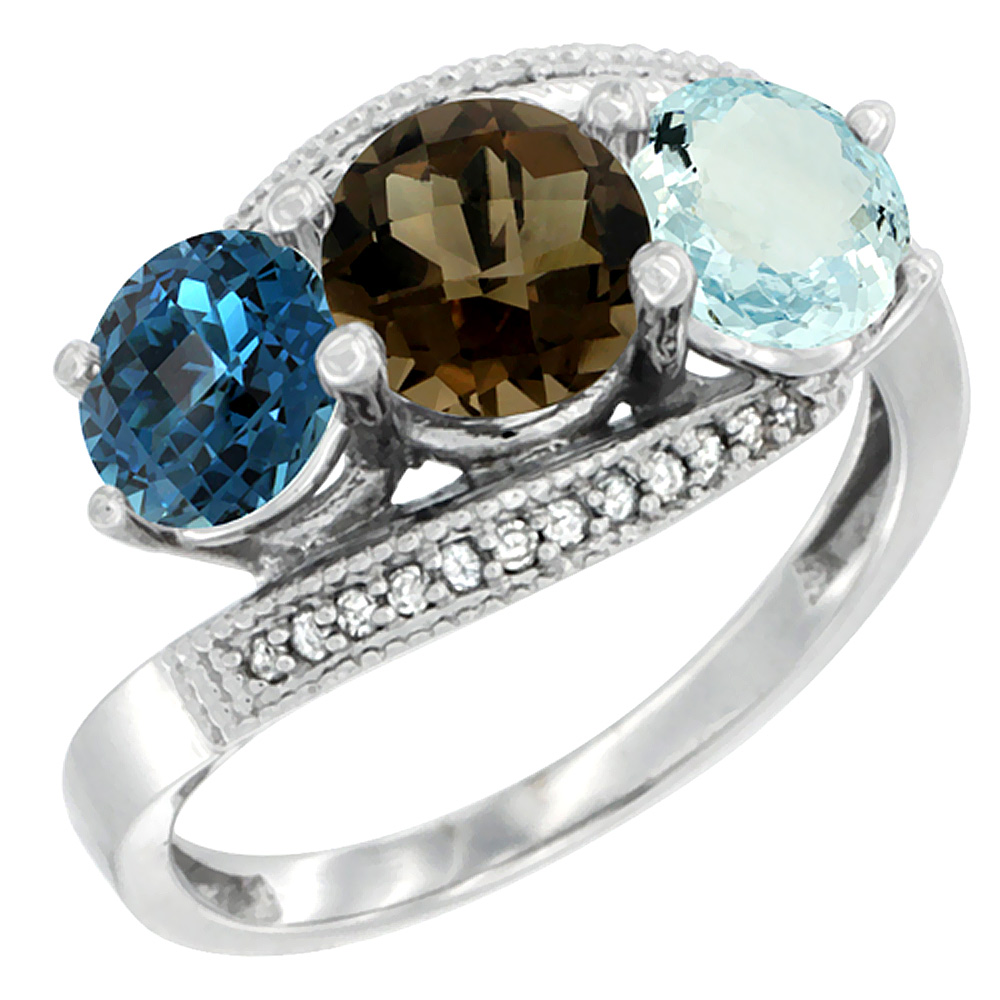 10K White Gold Natural London Blue Topaz, Smoky Topaz &amp; Aquamarine 3 stone Ring Round 6mm Diamond Accent, sizes 5 - 10