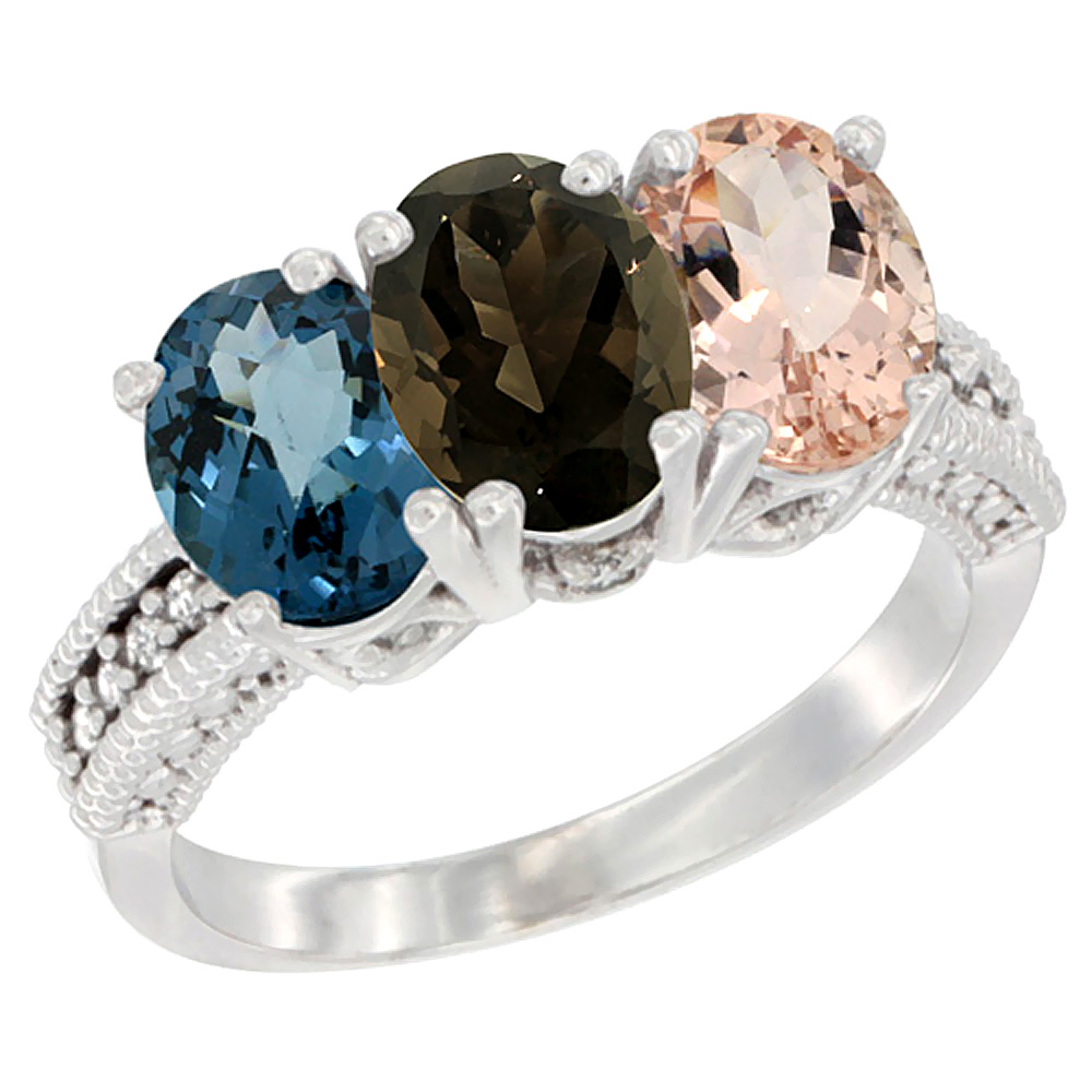 14K White Gold Natural London Blue Topaz, Smoky Topaz & Morganite Ring 3-Stone 7x5 mm Oval Diamond Accent, sizes 5 - 10