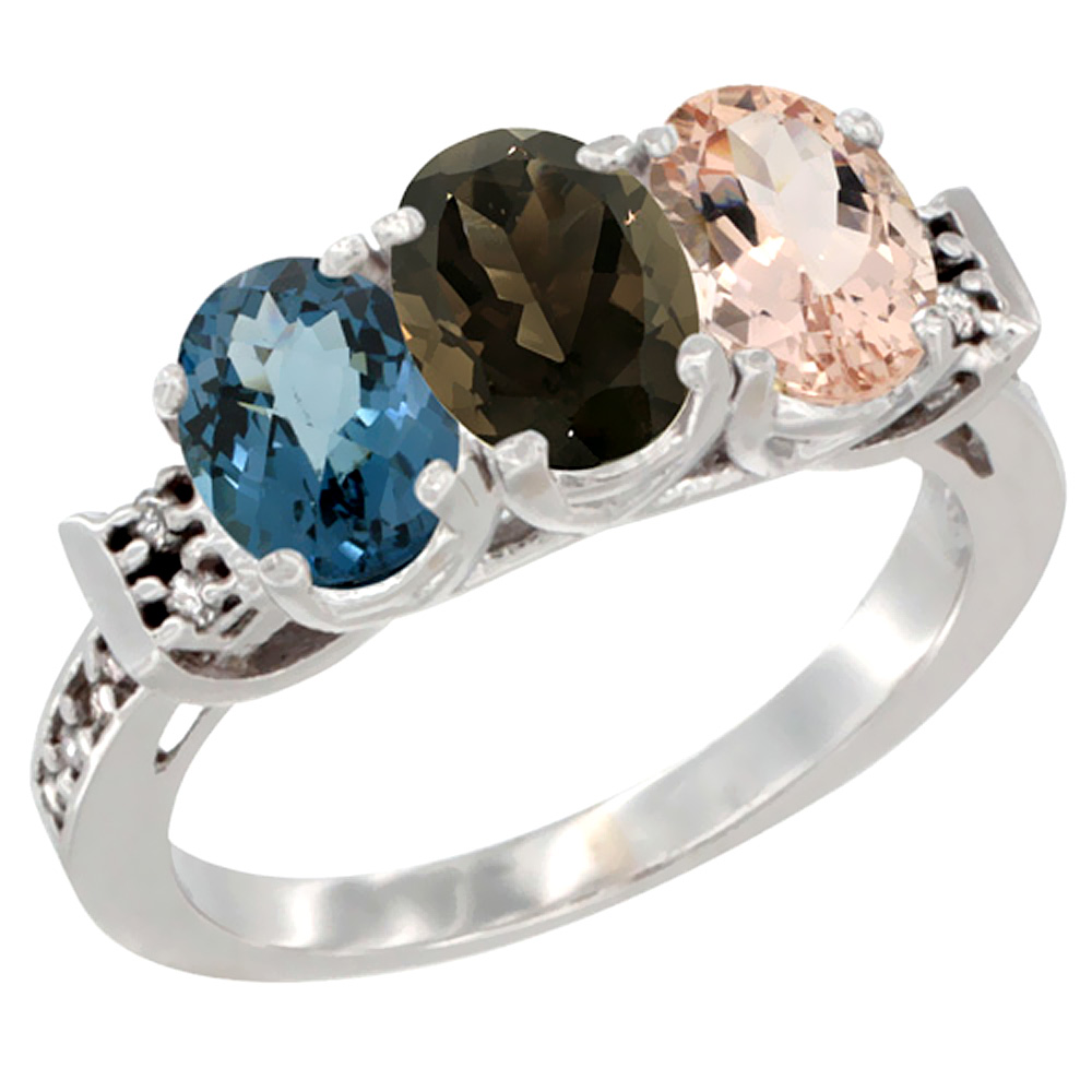 14K White Gold Natural London Blue Topaz, Smoky Topaz & Morganite Ring 3-Stone 7x5 mm Oval Diamond Accent, sizes 5 - 10