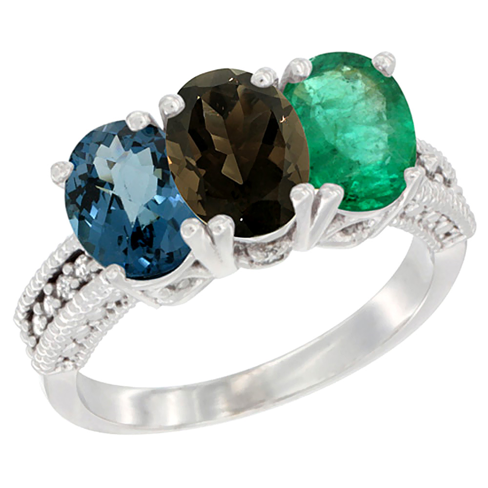 10K White Gold Natural London Blue Topaz, Smoky Topaz & Emerald Ring 3-Stone Oval 7x5 mm Diamond Accent, sizes 5 - 10