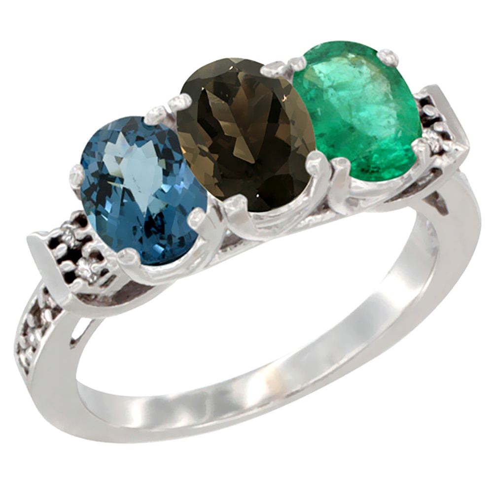 14K White Gold Natural London Blue Topaz, Smoky Topaz & Emerald Ring 3-Stone 7x5 mm Oval Diamond Accent, sizes 5 - 10