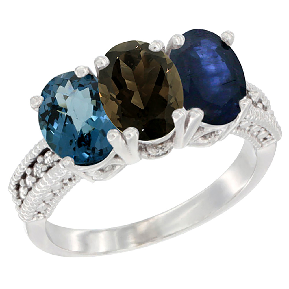 14K White Gold Natural London Blue Topaz, Smoky Topaz &amp; Blue Sapphire Ring 3-Stone 7x5 mm Oval Diamond Accent, sizes 5 - 10