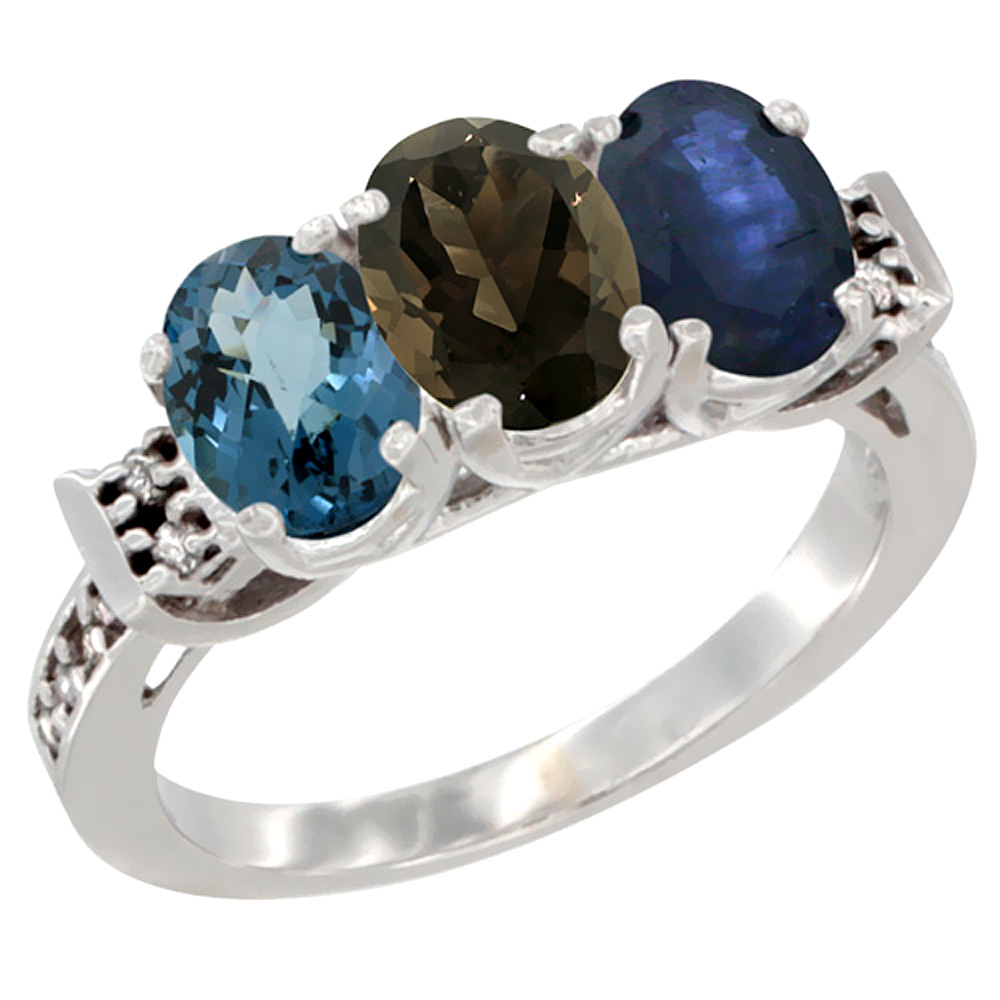 14K White Gold Natural London Blue Topaz, Smoky Topaz & Blue Sapphire Ring 3-Stone 7x5 mm Oval Diamond Accent, sizes 5 - 10