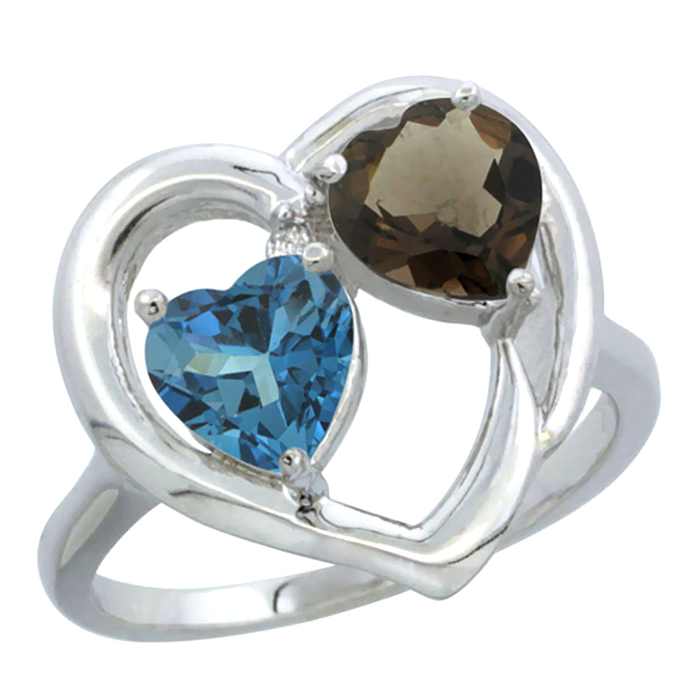 14K White Gold Diamond Two-stone Heart Ring 6mm Natural London Blue Topaz &amp; Smoky Topaz, sizes 5-10