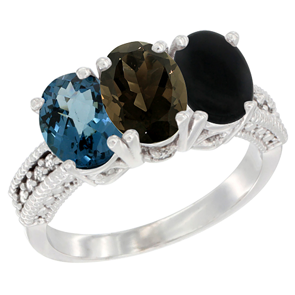 10K White Gold Natural London Blue Topaz, Smoky Topaz &amp; Black Onyx Ring 3-Stone Oval 7x5 mm Diamond Accent, sizes 5 - 10