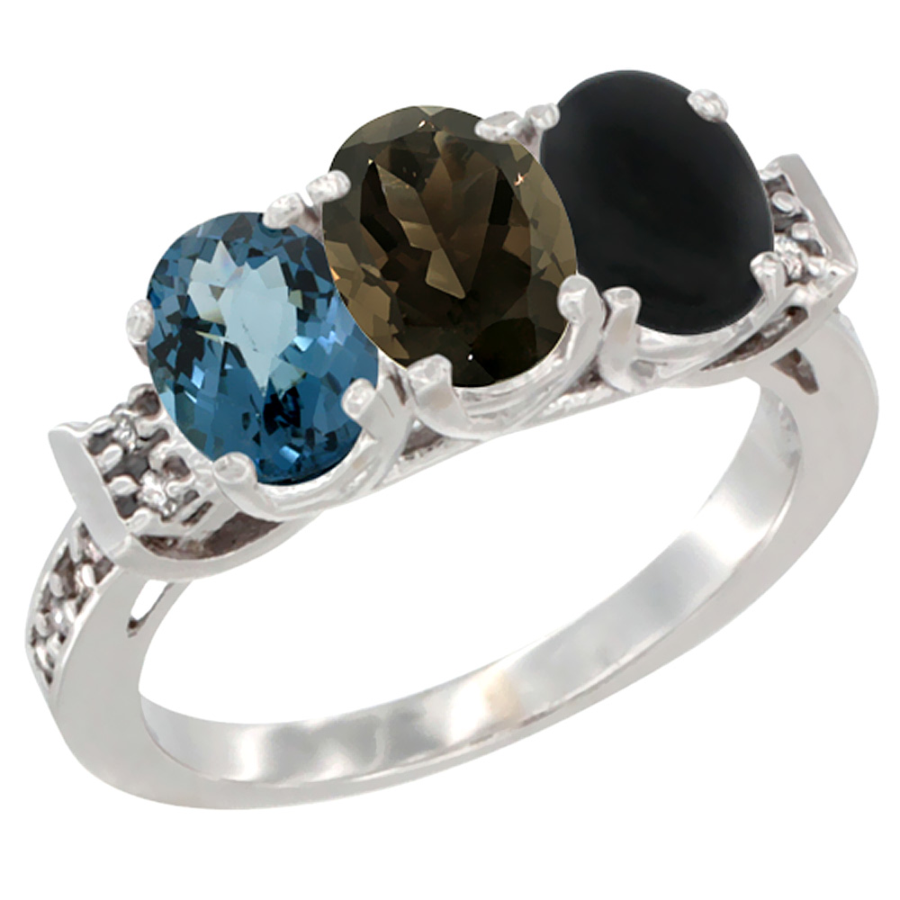 14K White Gold Natural London Blue Topaz, Smoky Topaz &amp; Black Onyx Ring 3-Stone 7x5 mm Oval Diamond Accent, sizes 5 - 10