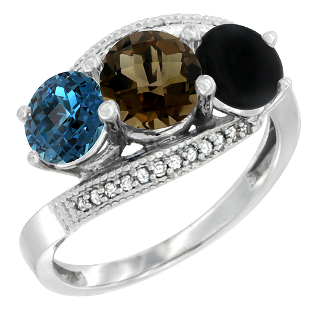 10K White Gold Natural London Blue Topaz, Smoky Topaz &amp; Black Onyx 3 stone Ring Round 6mm Diamond Accent, sizes 5 - 10