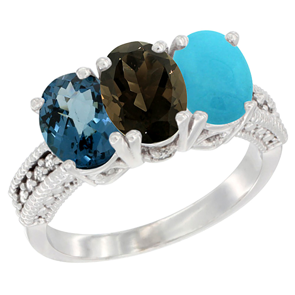 14K White Gold Natural London Blue Topaz, Smoky Topaz &amp; Turquoise Ring 3-Stone 7x5 mm Oval Diamond Accent, sizes 5 - 10