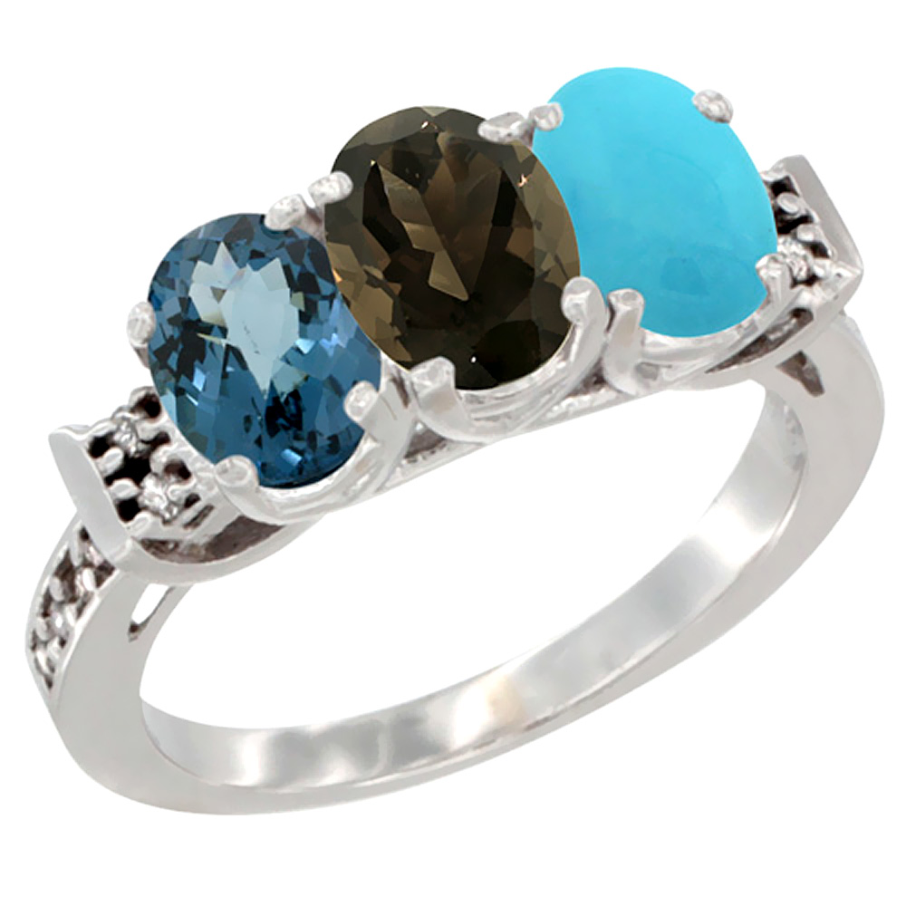 10K White Gold Natural London Blue Topaz, Smoky Topaz & Turquoise Ring 3-Stone Oval 7x5 mm Diamond Accent, sizes 5 - 10