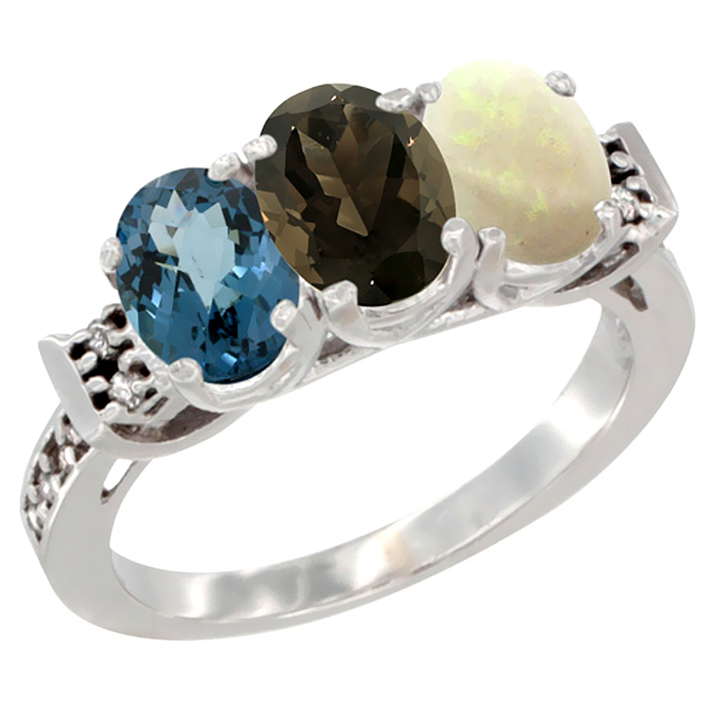 14K White Gold Natural London Blue Topaz, Smoky Topaz &amp; Opal Ring 3-Stone 7x5 mm Oval Diamond Accent, sizes 5 - 10
