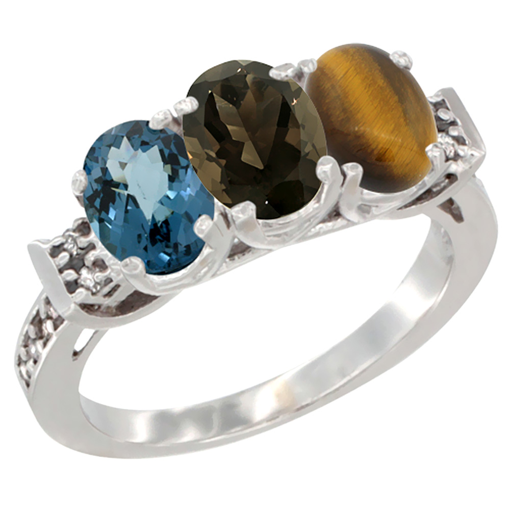 10K White Gold Natural London Blue Topaz, Smoky Topaz & Tiger Eye Ring 3-Stone Oval 7x5 mm Diamond Accent, sizes 5 - 10