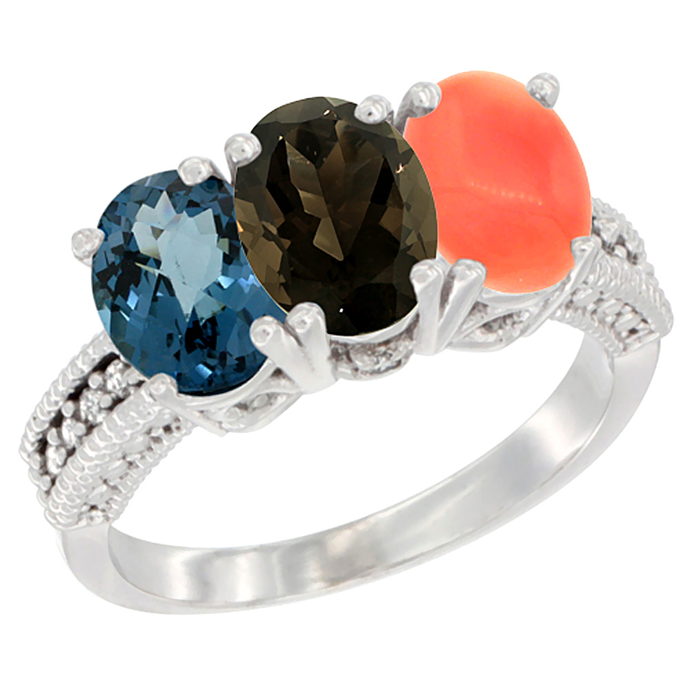 10K White Gold Natural London Blue Topaz, Smoky Topaz &amp; Coral Ring 3-Stone Oval 7x5 mm Diamond Accent, sizes 5 - 10