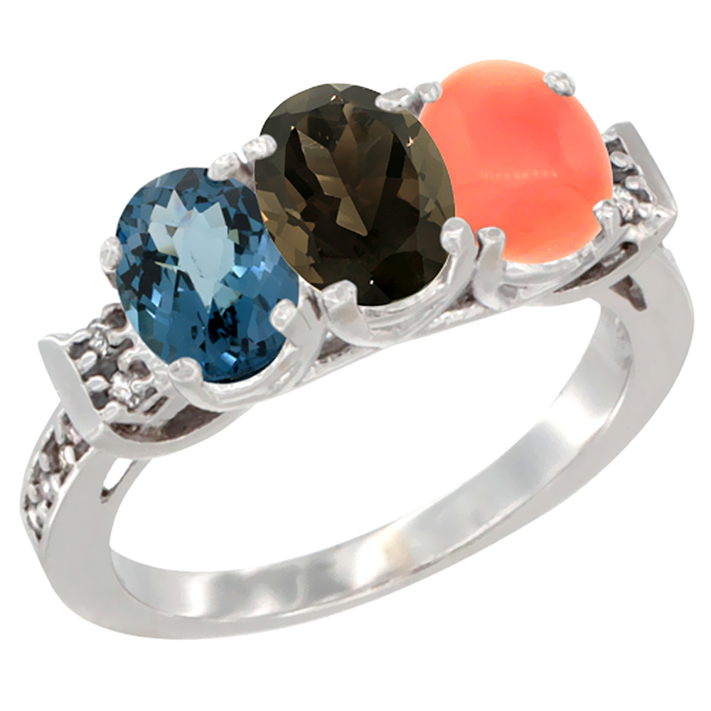 14K White Gold Natural London Blue Topaz, Smoky Topaz &amp; Coral Ring 3-Stone 7x5 mm Oval Diamond Accent, sizes 5 - 10