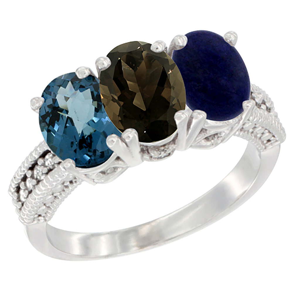 14K White Gold Natural London Blue Topaz, Smoky Topaz & Lapis Ring 3-Stone 7x5 mm Oval Diamond Accent, sizes 5 - 10